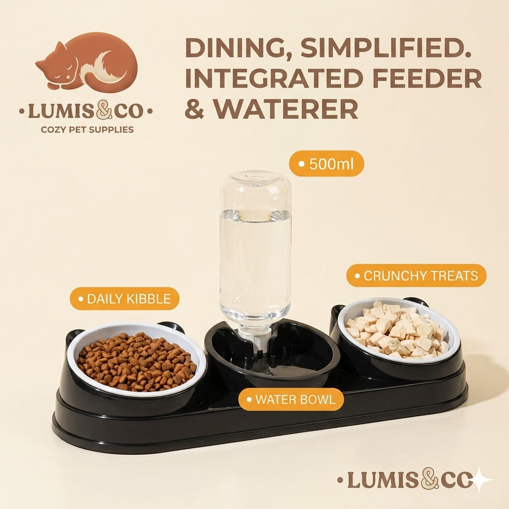 3-in-1 Raised Cat Bowl Set With Auto Water Bottle