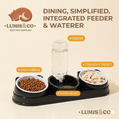 3-in-1 Raised Cat Bowl Set With Auto Water Bottle