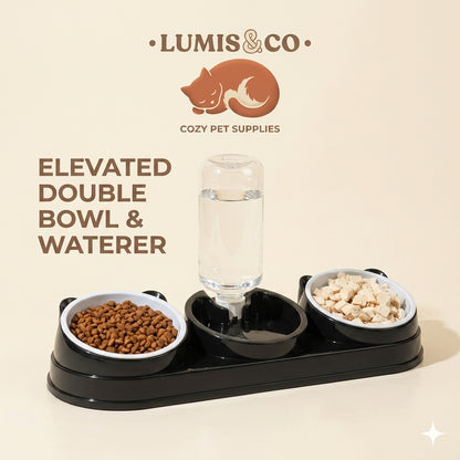 3-in-1 Raised Cat Bowl Set With Auto Water Bottle