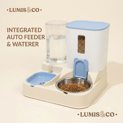 Integrated Auto Feeder & Waterer with Blue Lid and Stainless Steel Bowl