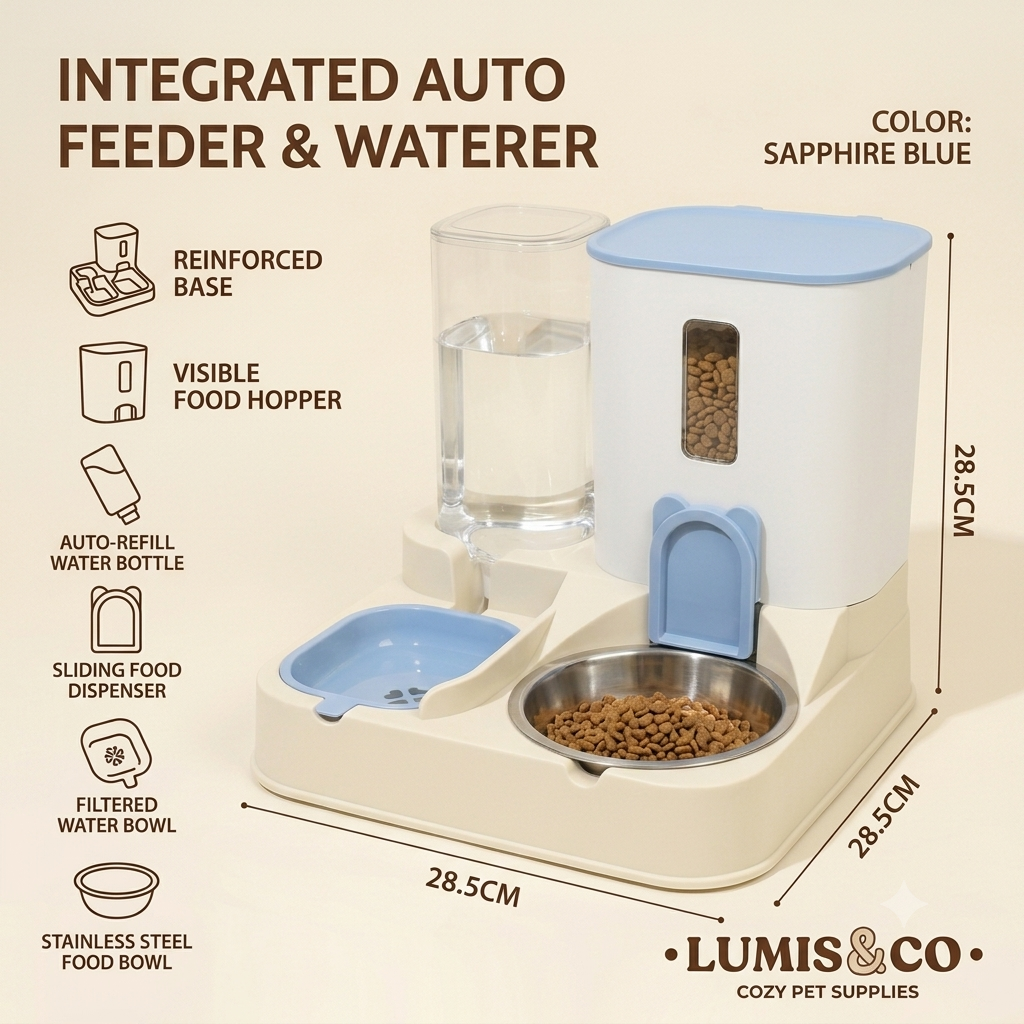 Integrated Auto Feeder & Waterer with Blue Lid and Stainless Steel Bowl
