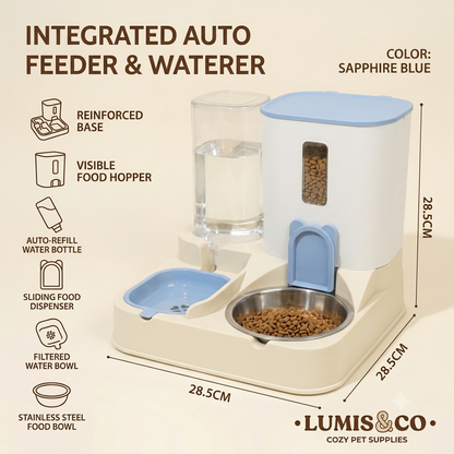 Integrated Auto Feeder & Waterer with Blue Lid and Stainless Steel Bowl