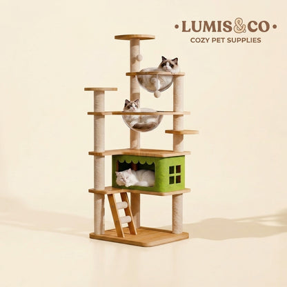 Luxury Multi-Level Cat Tree Stable Wood Sisal Posts Panoramic Acrylic Bubble Cozy Hideout Multi-Cat Friendly