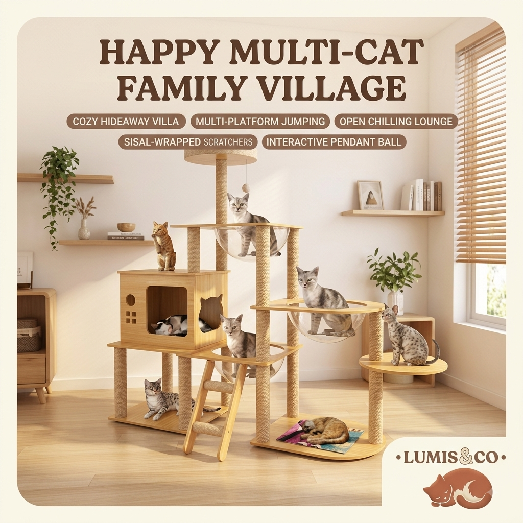 Luxury Multi-Level Cat Tree Stable Wood Sisal Posts Panoramic Acrylic Bubble Cozy Hideout Multi-Cat Friendly