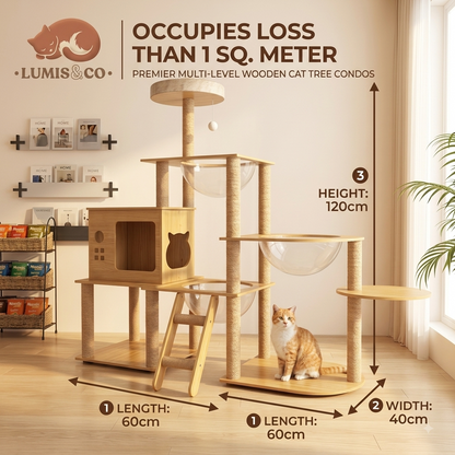 Luxury Multi-Level Cat Tree Stable Wood Sisal Posts Panoramic Acrylic Bubble Cozy Hideout Multi-Cat Friendly