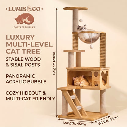 Luxury Multi-Level Cat Tree Stable Wood Sisal Posts Panoramic Acrylic Bubble Cozy Hideout Multi-Cat Friendly