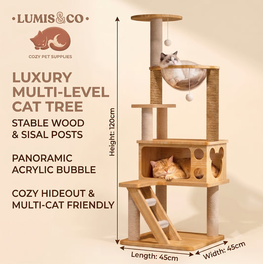 Luxury Multi-Level Cat Tree Stable Wood Sisal Posts Panoramic Acrylic Bubble Cozy Hideout Multi-Cat Friendly