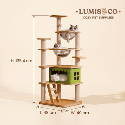 Luxury Multi-Level Cat Tree Stable Wood Sisal Posts Panoramic Acrylic Bubble Cozy Hideout Multi-Cat Friendly