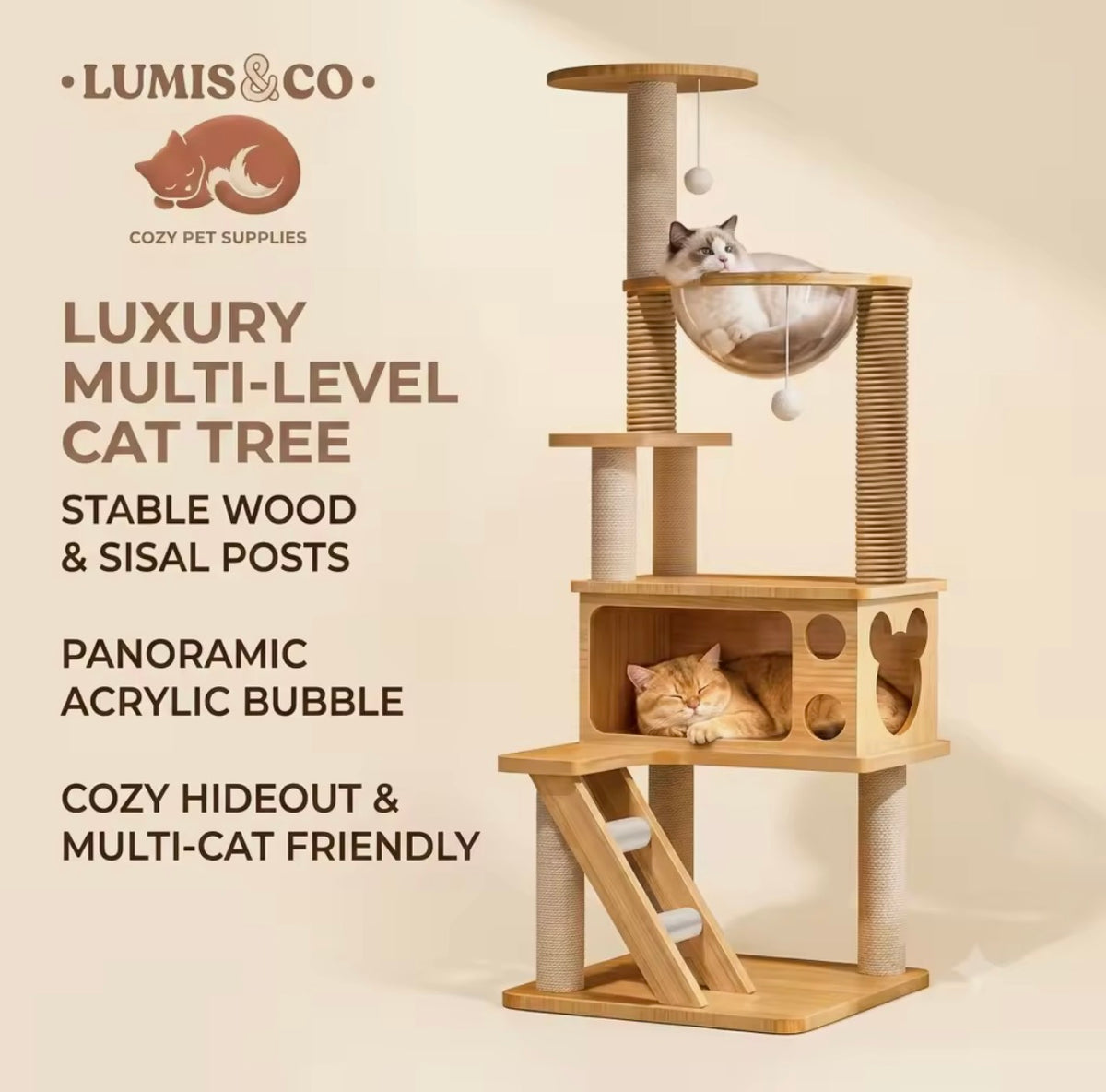 Luxury Multi-Level Cat Tree Stable Wood Sisal Posts Panoramic Acrylic Bubble Cozy Hideout Multi-Cat Friendly