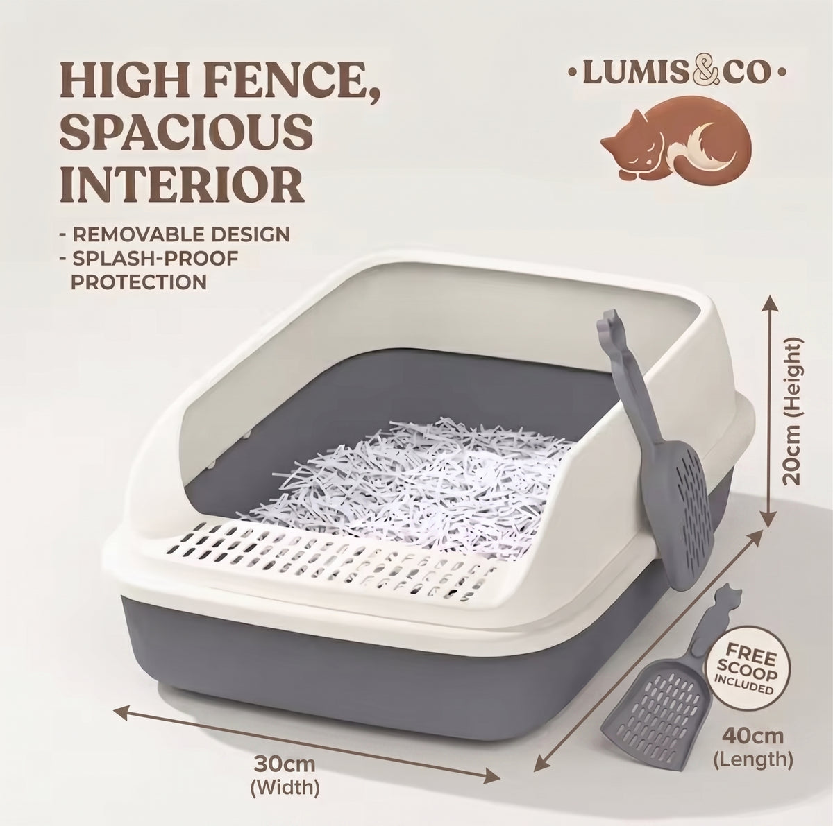 High Fence Spacious Interior Cat Litter Box with Removable Design Splash-Proof Protection with Free Scoop